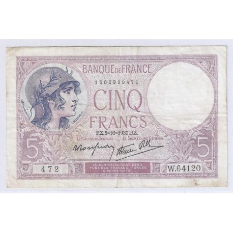 FAY 04/11 - 5 FRANCS VIOLET - 05/10/1939 - TRES TRES BEAU - PICK 83