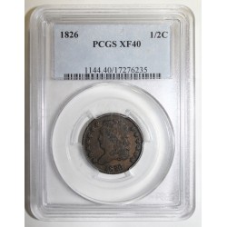 ÉTATS UNIS - KM 41 - 1/2 CENT 1826 - REVERS DESAXÉ À 5h - PCGS XF 40