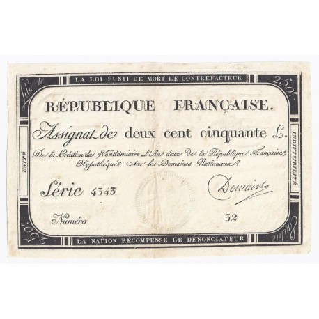 ASSIGNAT OF 250 LIVRES - 7 VENDEMIAIRE YEAR 2 - 28/09/1793 - NATIONAL DOMAINS