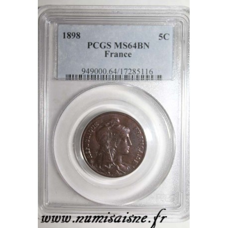 GADOURY 165 - 5 CENTIMES 1898 - TYPE DUPUIS - KM 842 - PCGS MS 64 BN