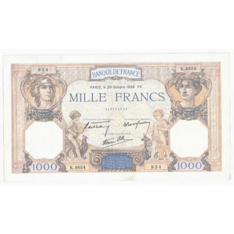 FAY 38/30 - 1000 FRANCS CERES ET MERCURE - 20/10/1938 - TRES TRES BEAU+ -PICK 90