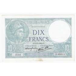 FRANKREICH - PICK 84 - 10 FRANCS 1942 - 5. März -  TYP MINERVA - FLECK BEI 6h