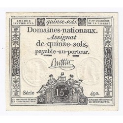 ASSIGNAT OF 15 SOLS - 1792 - NATIONAL DOMAINS