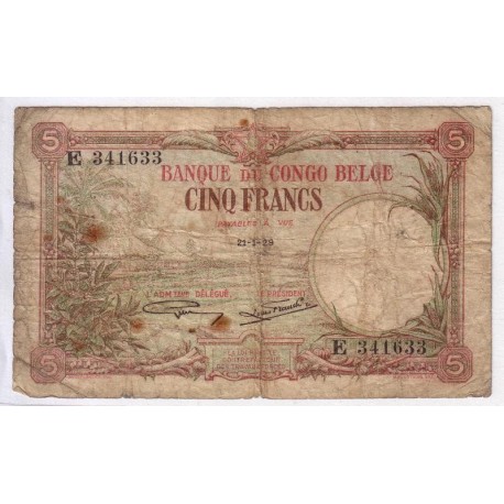 Belgisch-Kongo - PICK 8 e - 5 FRANCS 1929 - 21.1