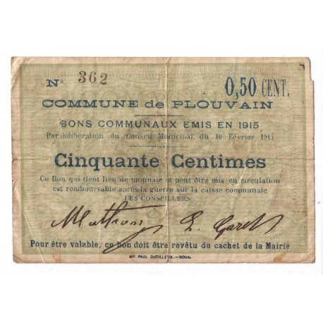 62118 - PLOUVAIN - 50 CENTIMES 10.02.1915 - TTB