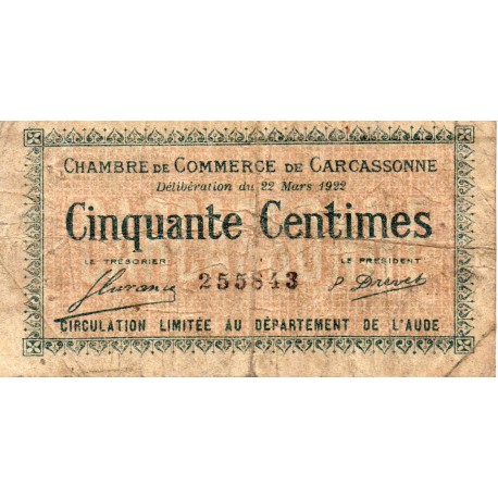 11 - CARCASSONNE - HANDELSKAMMER - 50 CENTIMES - 22/03/1922