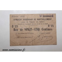 County 08 - SEDAN - VOUCHER OF 25 CENTIMES 1916 - 26.02 - SERIE 490