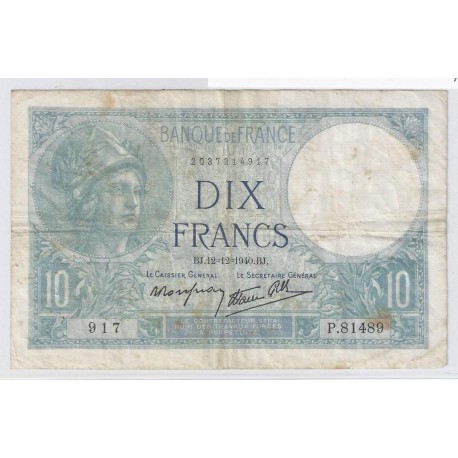 FAY 07/24 - 10 FRANCS MINERVE - 12/12/1940 - TRES TRES BEAU - PICK 84