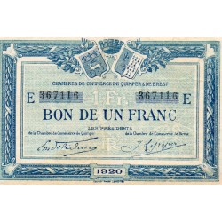 County 29 - QUIMPER - BREST - 1 FRANC 1920 - CHAMBER OF COMMERCE