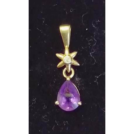 YELLOW GOLD PENDANT - 18 CARATS - AMETHYST IN THE FORM OF A DROP OF WATER HANGING FROM A STAR