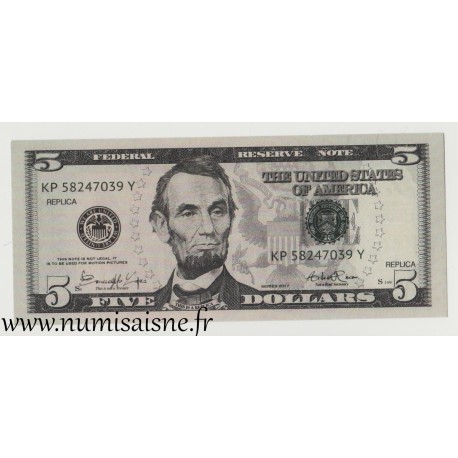 ÉTATS-UNIS - 5 DOLLAR 2017 - Abraham Lincoln - Réplique pour le cinéma