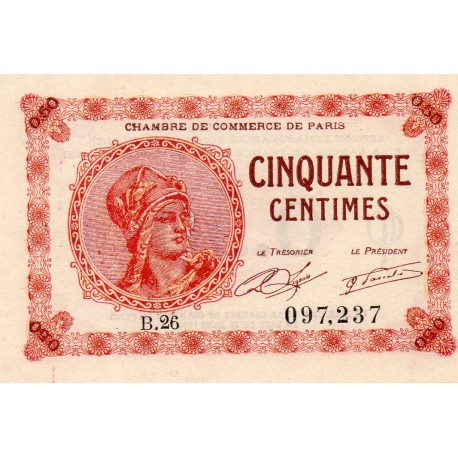 75 - PARIS - 50 CENTIMES - 10/03/1920 - CHAMBRE DE COMMERCE DE PARIS