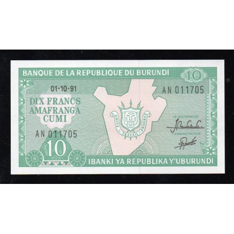 BURUNDI - PICK 33 b - 10 FRANCS - 01.10.1991