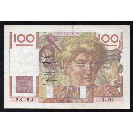 FRANCE - PICK 128 - 100 FRANCS JEUNE PAYSAN - 03/12/1953