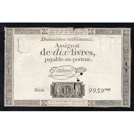 ASSIGNAT OF 10 LIVRES - 24/10/1792 - NATIONAL DOMAINS - 9959 SERIES