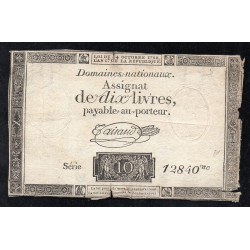 ASSIGNAT OF 10 LIVRES - 24/10/1792 - NATIONAL DOMAINS - 12840 SERIES