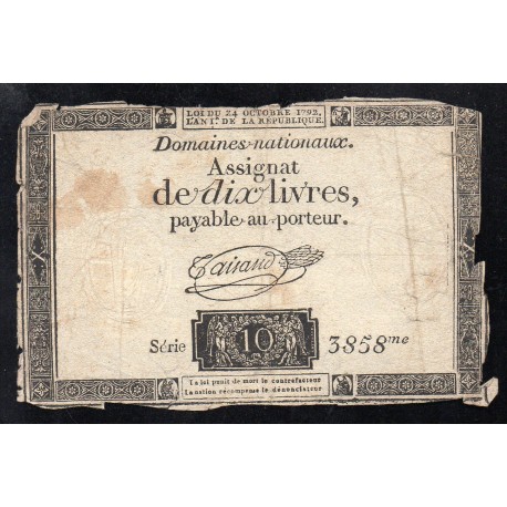 ASSIGNAT ÜBER 10 LIVRES - 24/10/1792 - NATIONALE DOMÄNEN - SERIE 3858