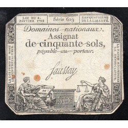 ASSIGNAT DE 50 SOLS - 04/01/1792 - DOMAINES NATIONAUX - SERIE 619