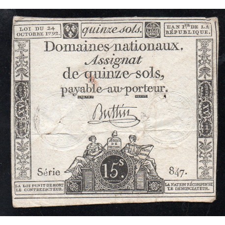 ASSIGNAT ÜBER 15 SOLS - 24/10/1792 - NATIONALE DOMÄNEN - SERIE 847