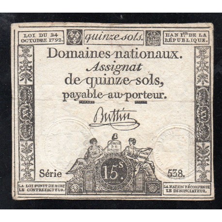 ASSIGNAT DE 15 SOLS - 24/10/1792 - DOMAINES NATIONAUX - SERIE 538