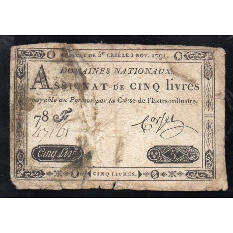 ASSIGNAT DE 5 LIVRES - 01/11/1791 - DOMAINES NATIONAUX