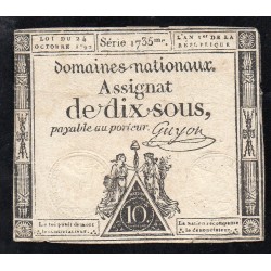 ASSIGNAT OF 10 SOUS - SERIE 1735 - 24/10/1792 - NATIONAL DOMAINS