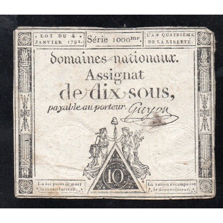 ASSIGNAT DE 10 SOUS - SERIE 1000 - 04/01/1792 - DOMAINES NATIONAUX