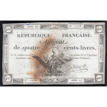 ASSIGNAT DE 400 LIVRES - 21/09/1792 / AN 1 - DOMAINES NATIONAUX - SERIE 92