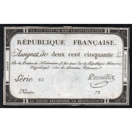 ASSIGNAT DE 250 LIVRES - 7 VENDEMIAIRE L'AN 2 - DOMAINES NATIONAUX - SERIE 62