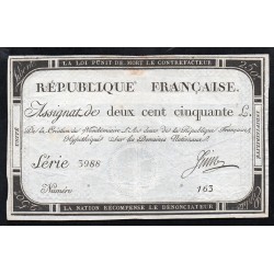 ASSIGNAT DE 250 LIVRES - 7 VENDEMIAIRE L'AN 2 - DOMAINES NATIONAUX - SERIE 3988