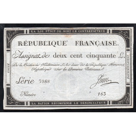 ASSIGNAT DE 250 LIVRES - 7 VENDEMIAIRE L'AN 2 - DOMAINES NATIONAUX - SERIE 3988