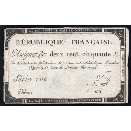 ASSIGNAT DE 250 LIVRES - 7 VENDEMIAIRE L'AN 2 - DOMAINES NATIONAUX - SERIE 7818