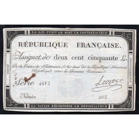 ASSIGNAT DE 250 LIVRES - 7 VENDEMIAIRE L'AN 2 - DOMAINES NATIONAUX - SERIE 4615