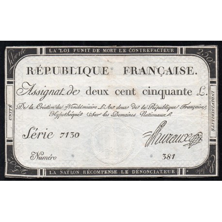 ASSIGNAT OF 250 LIVRES - 7 VENDEMIAIRE L'AN 2 - NATIONAL DOMAINS - 7130 SERIES