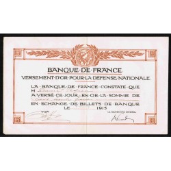 BANQUE DE FRANCE - RECU DE VERSEMENT D'OR POUR LA DEFENSE NATIONALE - 10/09/1915