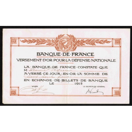 BANQUE DE FRANCE - GOLDAUSSCHÜTTUNG FÜR DIE NATIONALVERTEIDIGUNG - 10/09/1915