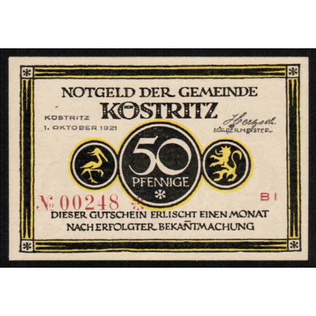 ALLEMAGNE - NOTGELD - KÖSTRITZ - Gemeinde - 50 PFENNIG - 01/10/1921 - REVERS 1