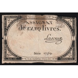 ASSIGNAT OF 5 LIVRES - 10 BRUMAIRE JAHR 2 - 31/10/1793 - SÉRIE 17369