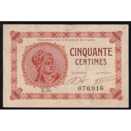 75 - PARIS - 50 CENTIMES 1920 - CHAMBRE DE COMMERCE DE PARIS - TRES BEAU +