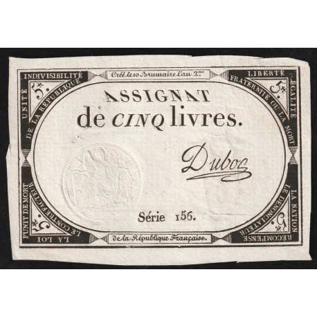 ASSIGNAT OF 5 LIVRES - 10 BRUMAIRE JAHR 2 - 31/10/1793 - SÉRIE 156