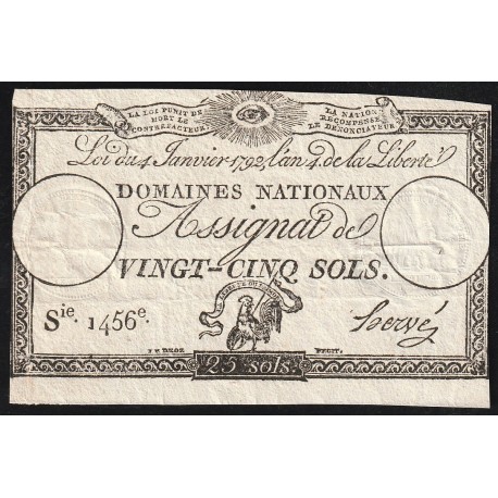 ASSIGNAT DE 25 SOLS - 04/01/1792 - DOMAINES NATIONAUX