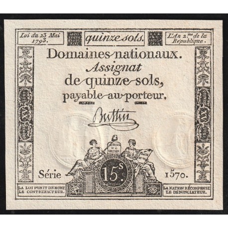 ASSIGNAT ÜBER 15 SOLS - 23/05/1793 - NATIONALE DOMÄNEN - SERIE 1570