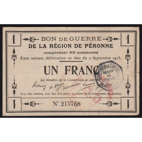 BON DE GUERRE - REGION DE PERONNE  - 1 FRANC - 02/09/1915