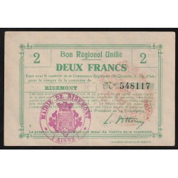 02 - RIBEMONT - BON RÉGIONAL UNIFIÉ - 2 FRANCS