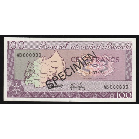 RWANDA - PICK 8 s2 - 100 FRANCS - SPECIMEN - 01/07/1971