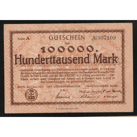 ALLEMAGNE - NOTGELD - BONN Stadt - HANDELSKAMMER - 100.000 MARK - 01/06/1923 - SERIE A