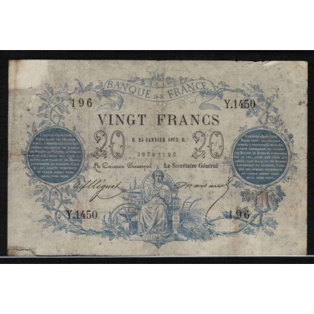 FAY A46/04 - 20 FRANCS - TYPE 1871- BLEU - 24/01/1873 - Y.1450 - DÉCHIRURE A 7 H - EN L'ÉTAT - PICK 55