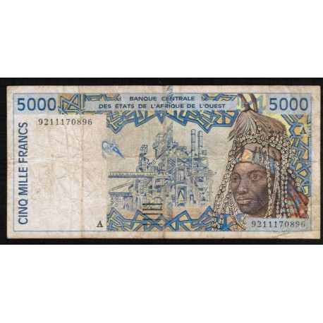 ÉTATS DE L'AFRIQUE DE L'OUEST - CÔTE D'IVOIRE - PICK 113 A a  - 5.000 FRANCS 19(92) - "A"- B C E A O