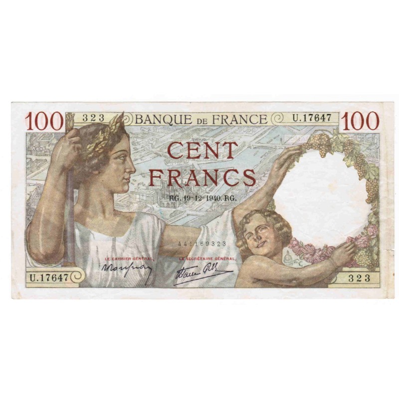 copy of FRANCE - PICK 94 - 100 FRANCS SULLY - TYPE  1939 - 19/12/1940 - U.17647