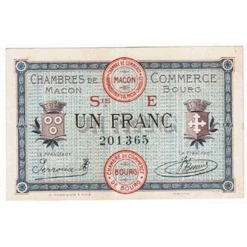 COUNTY 71 - MACON - BOURG - CHAMBER OF COMMERCE - 1 FRANC - 27/04/1920